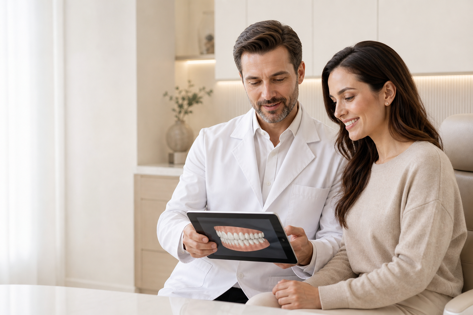 Врач Lumina Dental показывает пациентке цифровой прогноз улыбки